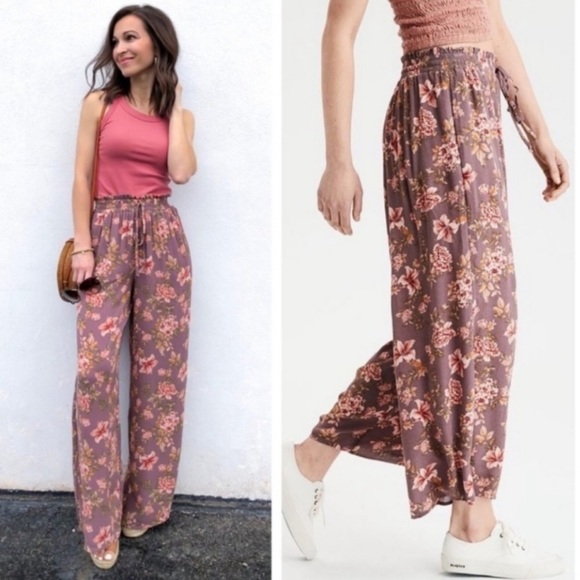 American Eagle Outfitters Pants - American Eagle Wide Leg Palazzo Pants M Floral Purple Pink Pull On Elastic Waist